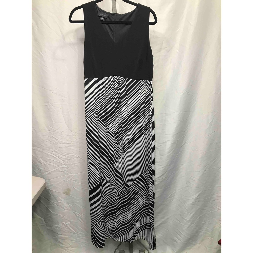AB Studio Womens XL Black White Geometric Print Maxi Dress V Neck Sleeveless - Picture 1 of 4
